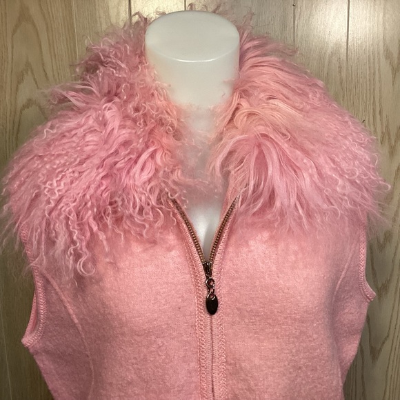 Lisa International Boiled Wool Pink Vest with Faux feather collar womens Size L - Picture 3 of 11